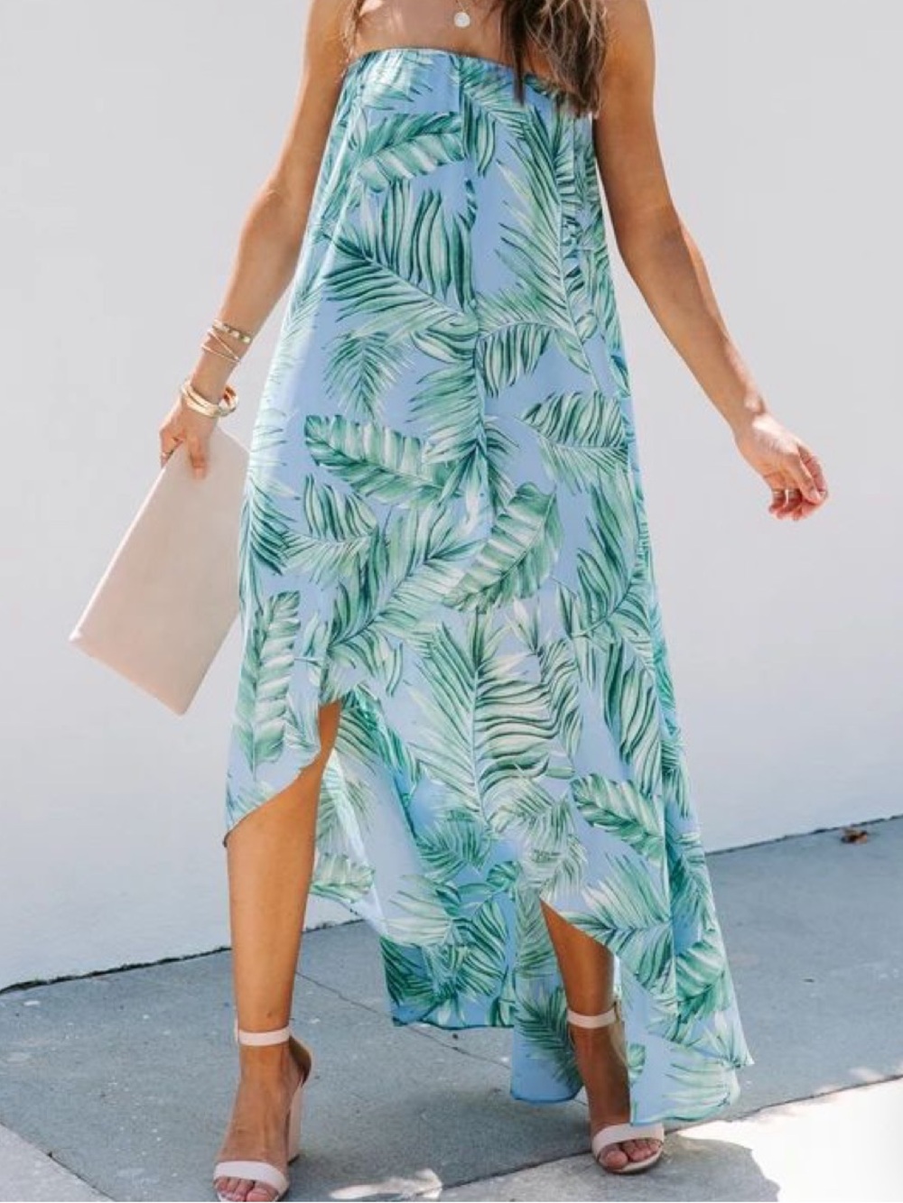 Vici Blue Palm Print High-Low Maxi Dress